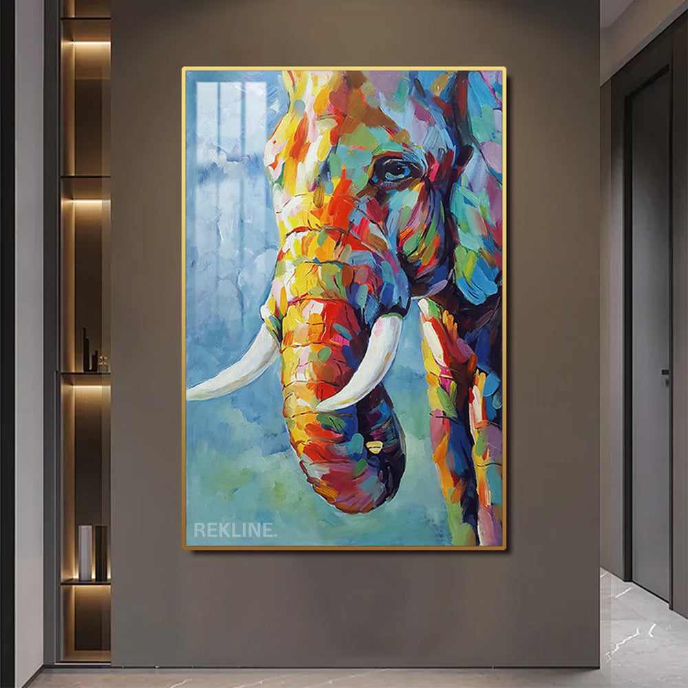 Colourful elephant LED canvas 100 × 150 cm in gold or black aluminium frame, white halo glow