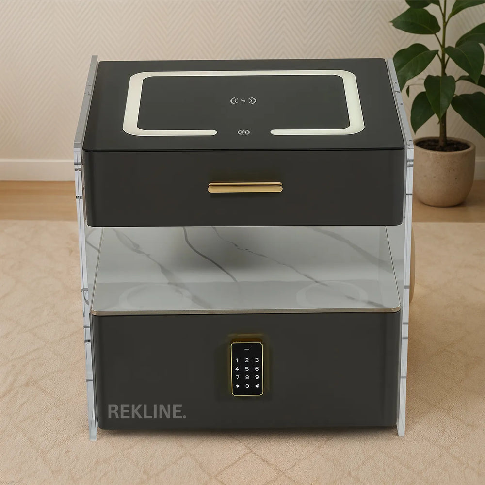 Small Grey 2 Drawer Bedside Table With Lights LED | PIN Locked Drawer | Square Table Glass Top & Built-in Wireless Charger | Bluetooth Modern Nightstand + USBc + Speakers  | Chicago