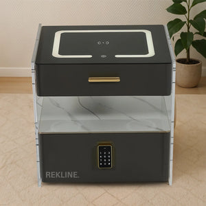 Small Grey 2 Drawer Bedside Table With Lights LED | PIN Locked Drawer | Square Table Glass Top & Built-in Wireless Charger | Bluetooth Modern Nightstand + USBc + Speakers  | Chicago