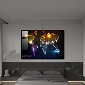 Illuminated World Map LED Canvas | Horizontal World Map Painting 100×150 cm | LED-Illuminated Crystal-Porcelain World Map Painting, Gold/Black Frame | By REKLINE