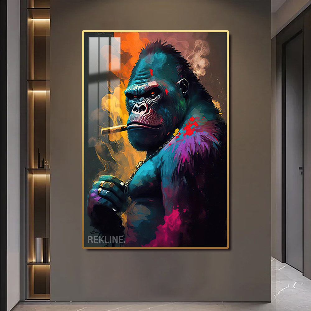Vivid blue-purple gorilla smoking cigar on LED canvas with gold or black alloy frame and crystal-porcelain gloss, 100×150 cm wall art