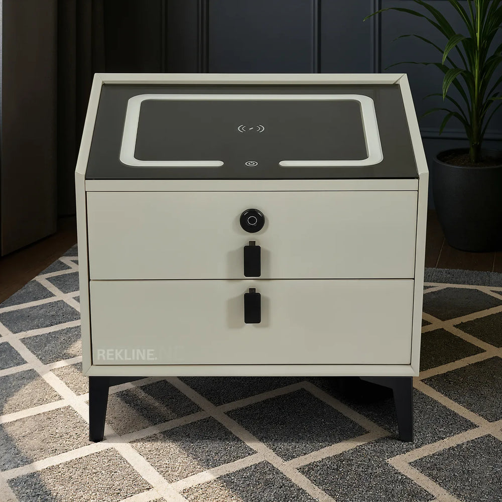 Small Off-White 2 Drawer Bedside Table With Lights LED & Fingerprint Lock | Table Glass Top with Built-in Wireless Charger & BT Speakers | Modern Nightstand + USBc | Miami