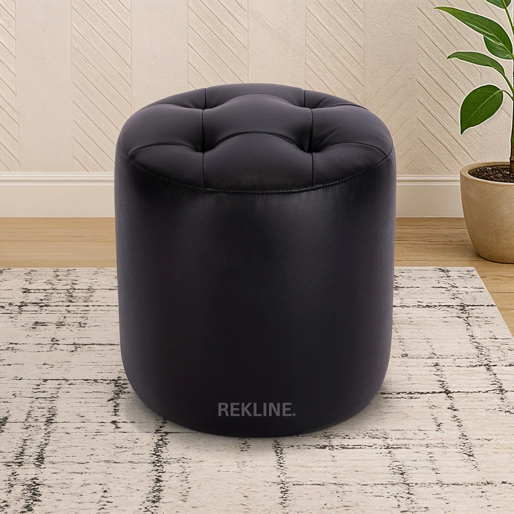 Small Round Black Leather Pouffe Footstool for Sofa | 38cm H x 35cm W | Vaneto Stool by REKLINE