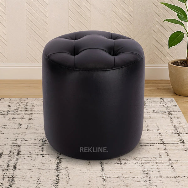 Small Round Black Leather Pouffe Footstool for Sofa | 38cm H x 35cm W | Vaneto Stool by REKLINE