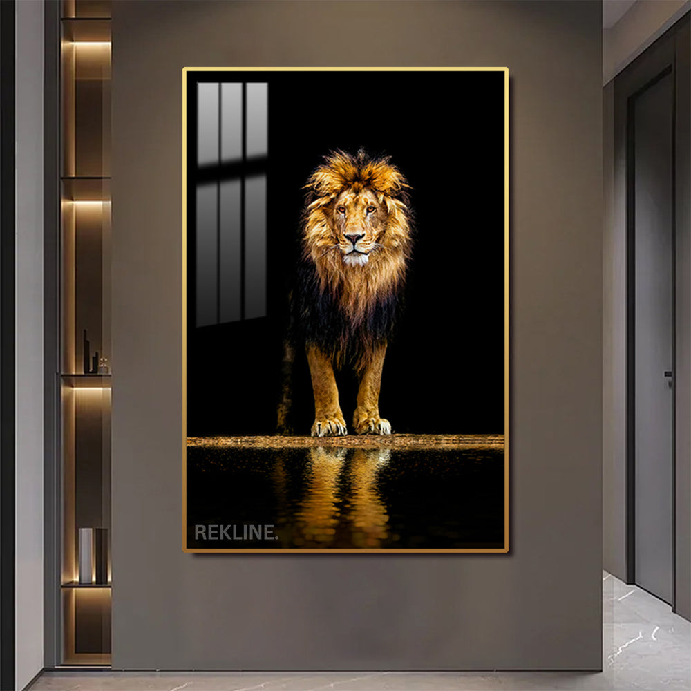 Midnight lion LED canvas 100 × 150 cm in gold or black aluminium frame, white halo glow