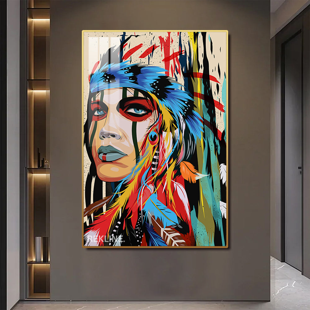 Graffiti-style woman portrait painting with illuminated halo and alloy frame