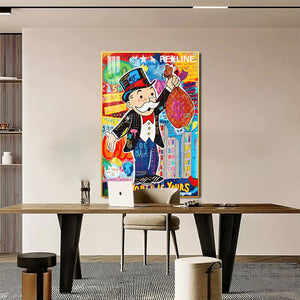 Monopoly Man LED Canvas | The World Is Yours | 100×150 cm LED-Illuminated Crystal-Porcelain Painting, Gold/Black Frame | By REKLINE