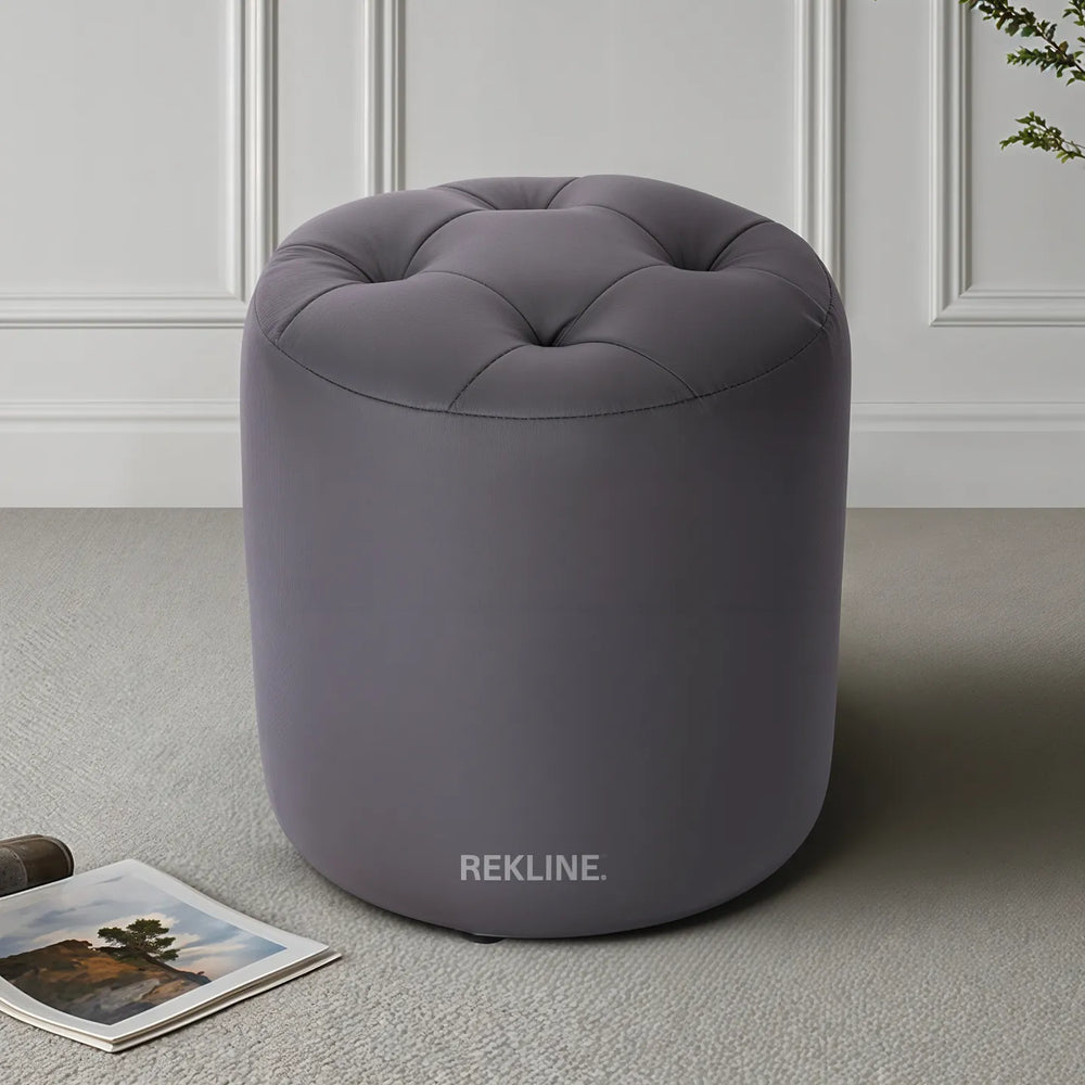 Small Round Grey Leather Pouffe Footstool for Sofa | 38cm H x 35cm W | Vaneto Stool by REKLINE