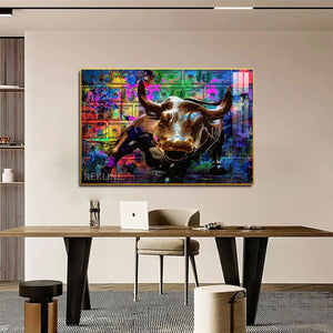 Abstract Bull LED Canvas | Abstract Painting Original Horizontal 150×100 cm Colorful Bull Wall Art | LED-Lit Crystal-Porcelain Painting, Gold/Black Frame | By REKLINE