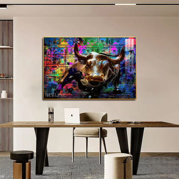 Abstract Bull LED Canvas | Abstract Painting Original Horizontal 150×100 cm Colorful Bull Wall Art | LED-Lit Crystal-Porcelain Painting, Gold/Black Frame | By REKLINE