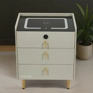 Small Off-White 3 Drawer Faux Leather Bedside Table With Lights LED & Fingerprint Lock | Square Table Glass Top & Built-in Wireless Charger | Bluetooth Modern Nightstand + USBc + Speakers  | California