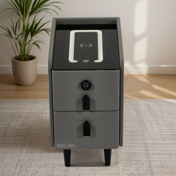 Narrow 2 Drawer Bedside Table With Lights LED & Fingerprint Lock | Table Glass Top with Built-in Wireless Charger & BT Speakers | Modern Nightstand + USBc | Phoenix