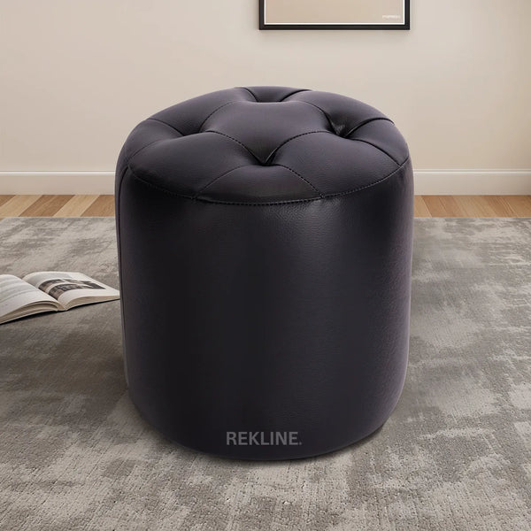 Large Round Black Leather Pouffe Footstool for Sofa | 41cm H x 38cm W | Vaneto Stool by REKLINE