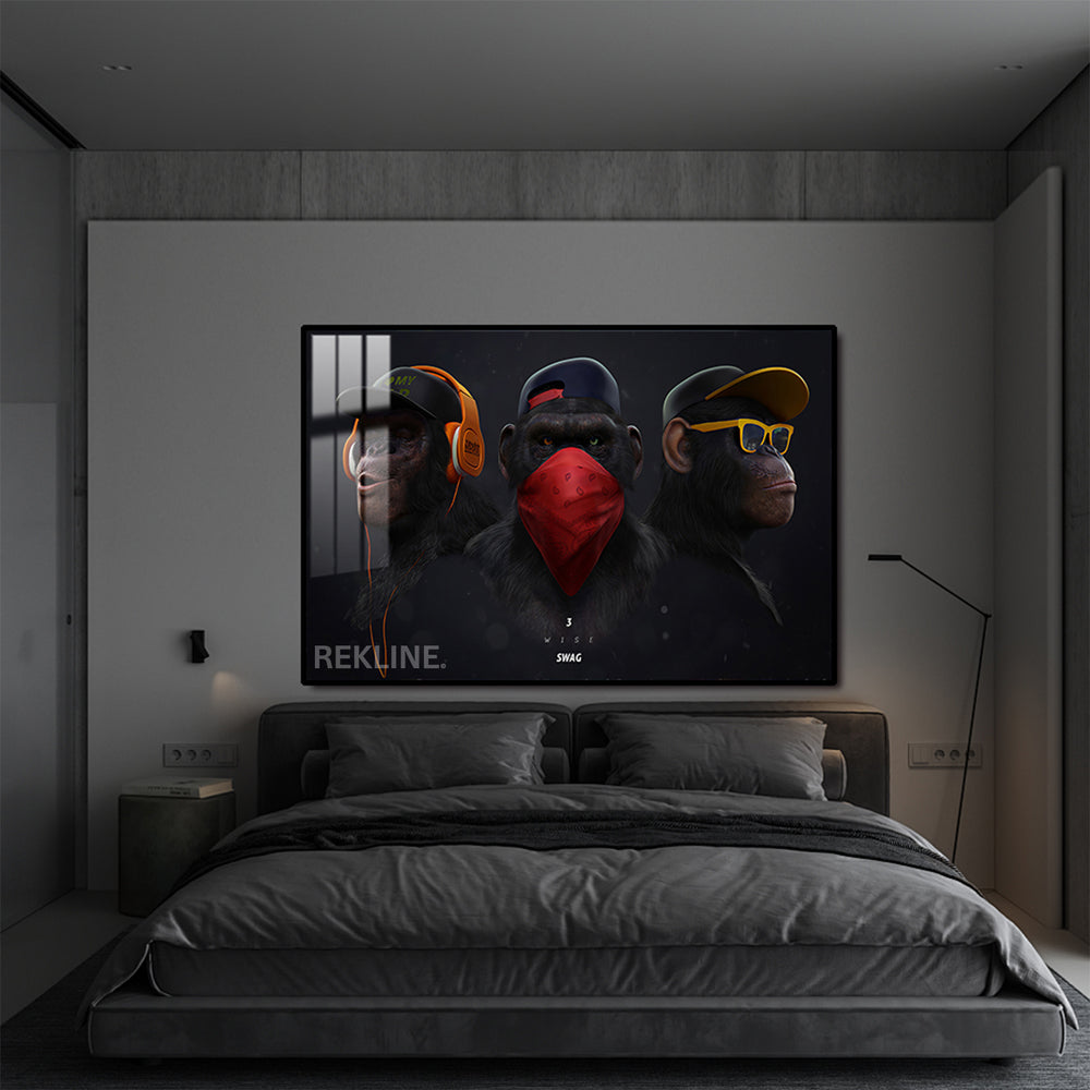 LED-lit horizontal chimpanzee painting with three urban chimp heads