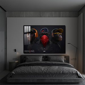 Urban Chimpanzee LED Canvas | colourful Monkey Horizontal 150×100 cm | Trio Chimp Painting, LED-Lit Crystal-Porcelain Art, Gold/Black Frame | By REKLINE