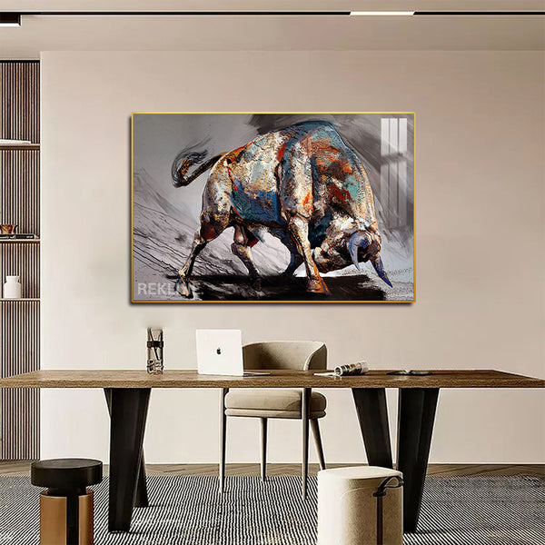Abstract Bull Painting | LED Canvas 150×100 cm | LED-Illuminated Crystal-Porcelain Painting, Gold/Black Frame | By REKLINE