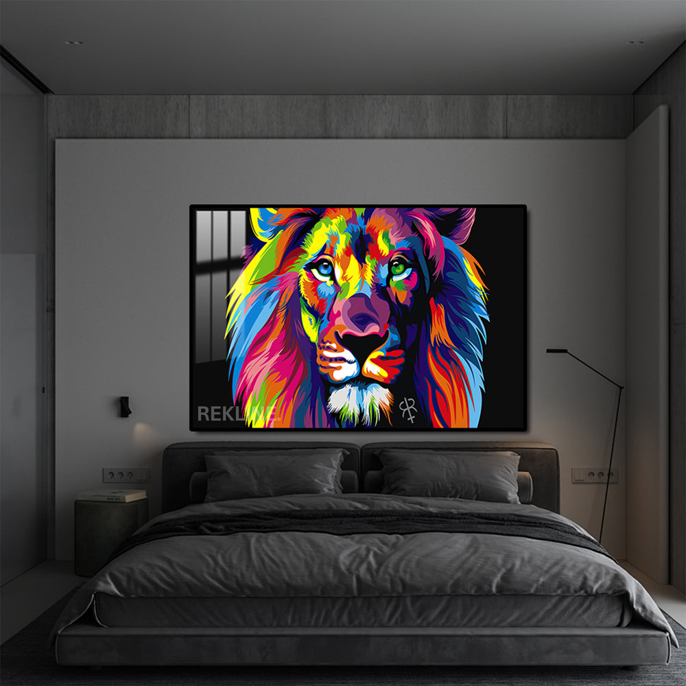 Horizontal 150×100 cm LED lion head painting in vibrant hues