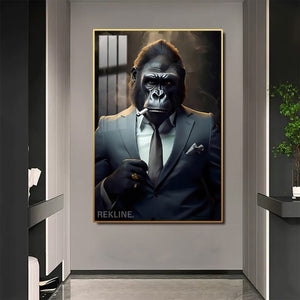 Smoking Gorilla King LED Canvas | Wall Art Painting in Gold/Black Frame Gorilla Portrait Wall Art, LED-Lit Crystal-Porcelain Painting | 100×150 cm | By REKLINE