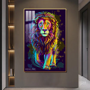 Colourful Lion LED Canvas Painting | Remote & Plug, Gold/Black Alloy Frame | Large 100 × 150 cm Vertical Pains | by REKLINE