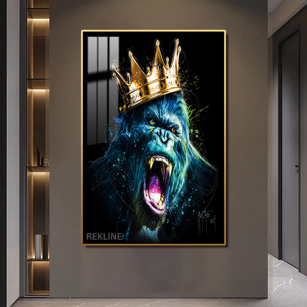 LED gorilla wall art of roaring blue gorilla wearing gold crown, crystal-porcelain canvas in alloy frame