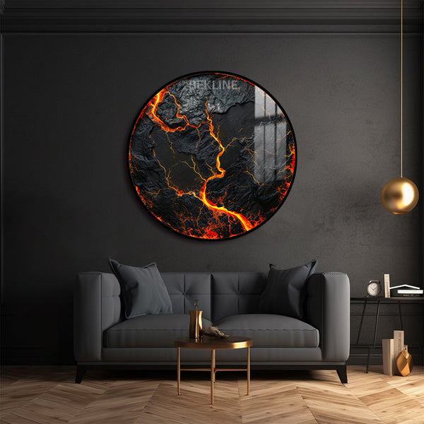 Volcanic Wall Art | 100 cm Round LED Canvas in Gold or Black Frame | Lava-Inspired Feature Piece with Gloss Finish | By REKLINE