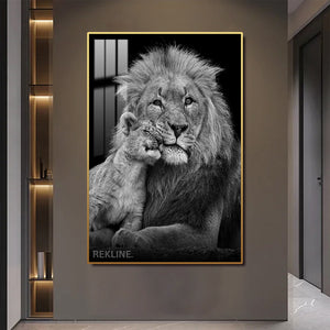 Black & White Lion Prints | LED Canvas with Remote in Gold/Black Alloy Frame, Crystal-Porcelain Gloss | 100 × 150 cm XL Canvas | By REKLINE