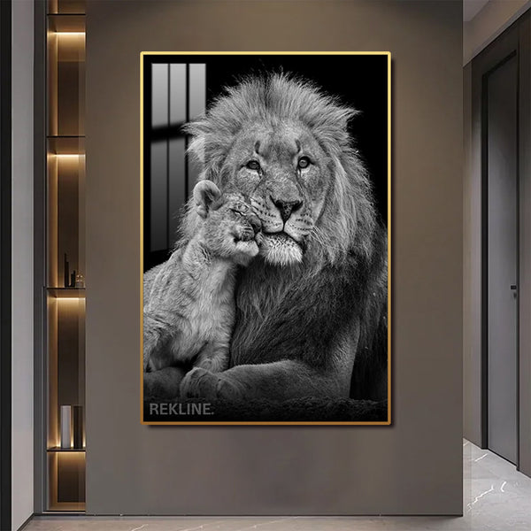 Black & White Lion Prints | LED Canvas with Remote in Gold/Black Alloy Frame, Crystal-Porcelain Gloss | 100 × 150 cm XL Canvas | By REKLINE