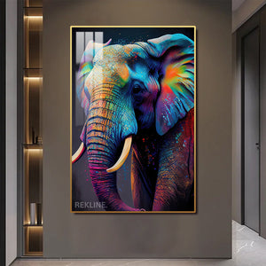 Vibrant Elephant Canvas Wall Art | Modern Painting with Remote & Plug | Led Canvas in Gold/Black Alloy Frame | 100 × 150 cm | By REKLINE