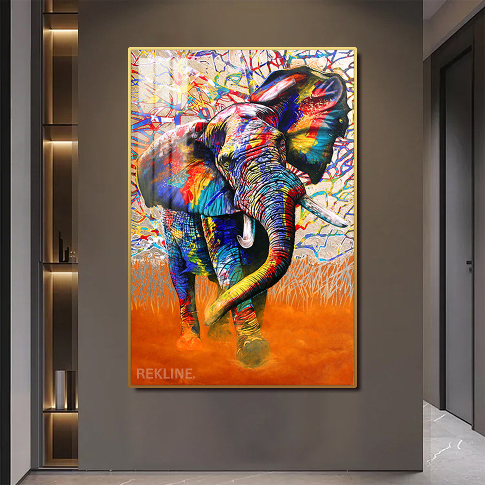 Abstract vibrant elephant painting on illuminated canvas with alloy frame