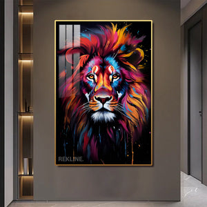 Lion Wall Art | Colourful LED Canvas with Gold or Black Frame | 100×150 cm Designed for Contemporary Interiors | By REKLINE