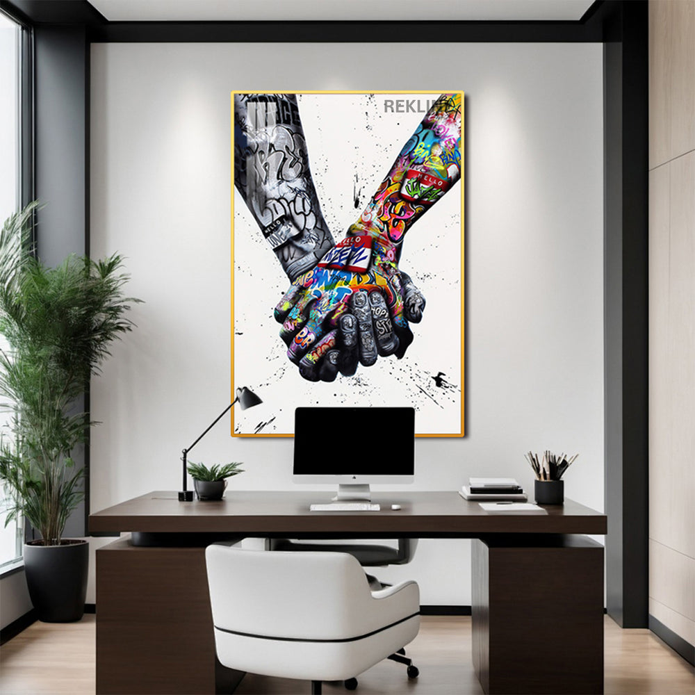 Street-art peace graffiti artwork on illuminated canvas with alloy frame
