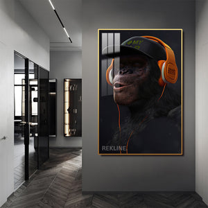 Monkey With Headphones Wall Art | LED Wall Art in Gold/Black Alloy Frame | 100 × 150 cm Large Canvas | By REKLINE