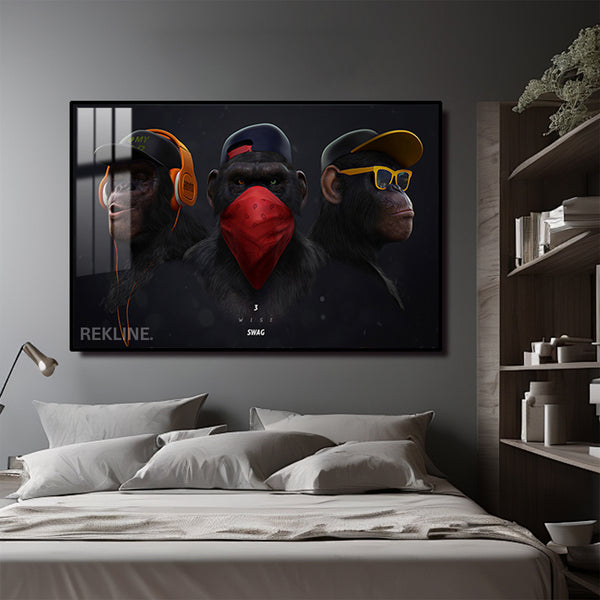 Urban Chimpanzee LED Canvas | colourful Monkey Horizontal 150×100 cm | Trio Chimp Painting, LED-Lit Crystal-Porcelain Art, Gold/Black Frame | By REKLINE