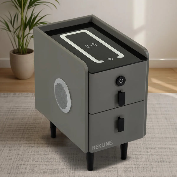 Narrow 2 Drawer Bedside Table With Lights LED & Fingerprint Lock | Table Glass Top with Built-in Wireless Charger & BT Speakers | Modern Nightstand + USBc | Phoenix