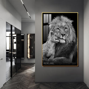 Black & White Lion Prints | LED Canvas with Remote in Gold/Black Alloy Frame, Crystal-Porcelain Gloss | 100 × 150 cm XL Canvas | By REKLINE