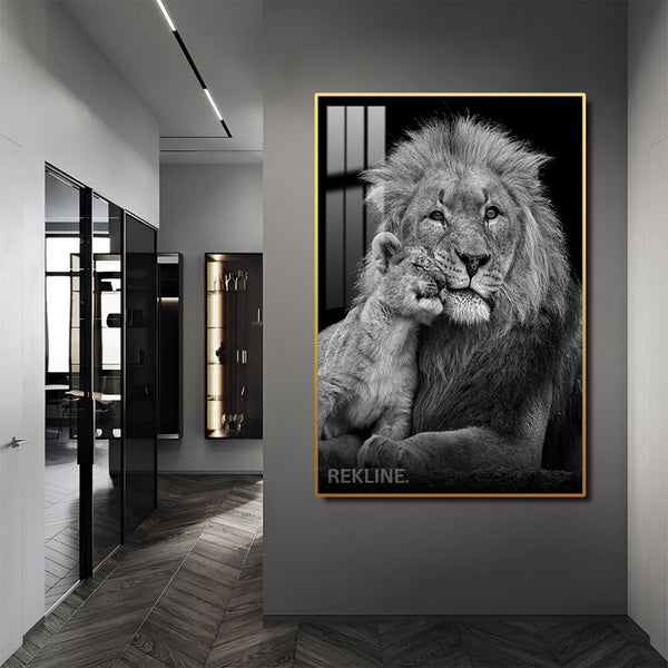 Black & White Lion Prints | LED Canvas with Remote in Gold/Black Alloy Frame, Crystal-Porcelain Gloss | 100 × 150 cm XL Canvas | By REKLINE