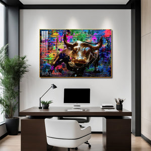 Abstract Bull LED Canvas | Abstract Painting Original Horizontal 150×100 cm Colorful Bull Wall Art | LED-Lit Crystal-Porcelain Painting, Gold/Black Frame | By REKLINE