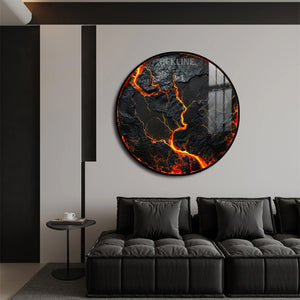 Volcanic Wall Art | 100 cm Round LED Canvas in Gold or Black Frame | Lava-Inspired Feature Piece with Gloss Finish | By REKLINE