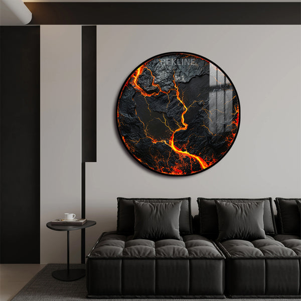 Volcanic Wall Art | 100 cm Round LED Canvas in Gold or Black Frame | Lava-Inspired Feature Piece with Gloss Finish | By REKLINE
