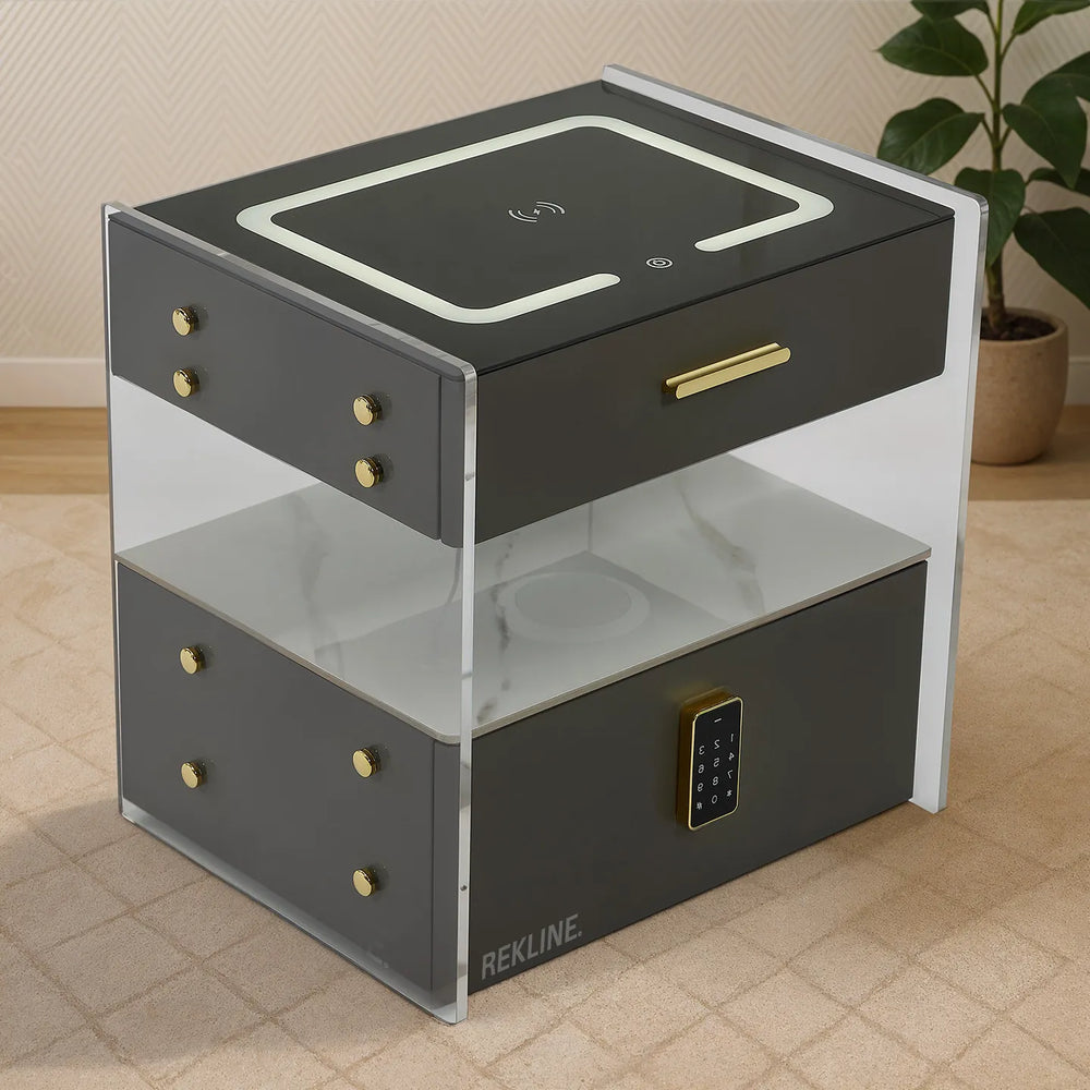 Small Grey 2 Drawer Bedside Table With Lights LED | PIN Locked Drawer | Square Table Glass Top & Built-in Wireless Charger | Bluetooth Modern Nightstand + USBc + Speakers  | Chicago