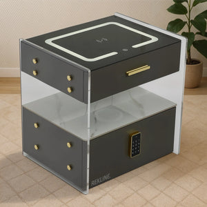 Small Grey 2 Drawer Bedside Table With Lights LED | PIN Locked Drawer | Square Table Glass Top & Built-in Wireless Charger | Bluetooth Modern Nightstand + USBc + Speakers  | Chicago