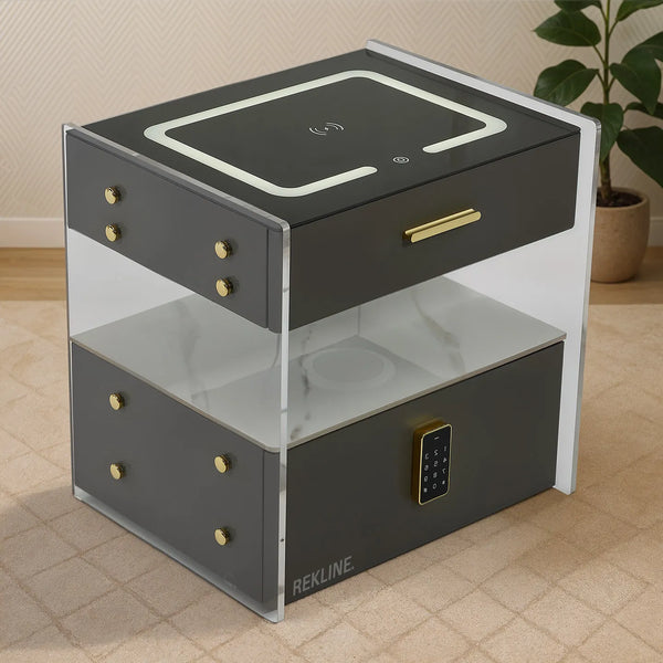 Small Grey 2 Drawer Bedside Table With Lights LED | PIN Locked Drawer | Square Table Glass Top & Built-in Wireless Charger | Bluetooth Modern Nightstand + USBc + Speakers  | Chicago