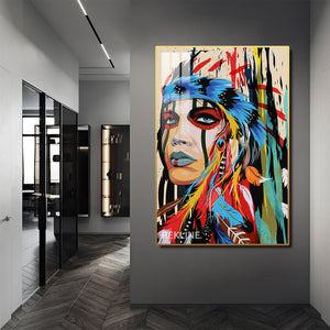 Native American Portrait LED Canvas | Colourful Feather-Headdress in Gold/Black Alloy Frame, Remote & Plug | 100 × 150 cm | By REKLINE
