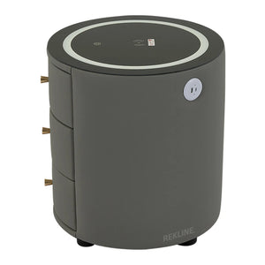 Small Grey 3 Drawer Fuax Leather Bedside Table With Lights LED | Round Table Glass Top & Built-in Wireless Charger | Bluetooth Modern Nightstand + USBc & Speakers  | Nashville