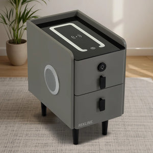 Narrow 2 Drawer Bedside Table With Lights LED & Fingerprint Lock | Table Glass Top with Built-in Wireless Charger & BT Speakers | Modern Nightstand + USBc | Phoenix