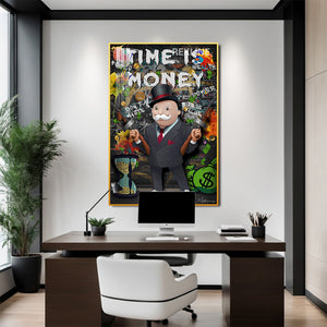 Time Is Money Monopoly-Inspired LED Canvas | 100×150 cm Money Wall Art, LED-Lit Crystal-Porcelain Painting, Gold/Black Frame | By REKLINE