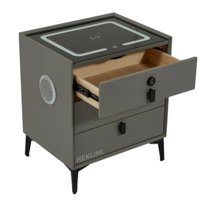 Small Grey 3 Drawer Faux Leather Bedside Table With Lights LED & Fingerprint Lock | Round Table Glass Top & Built-in Wireless Charger | Bluetooth Modern Nightstand + USBc & Speakers  | Florida