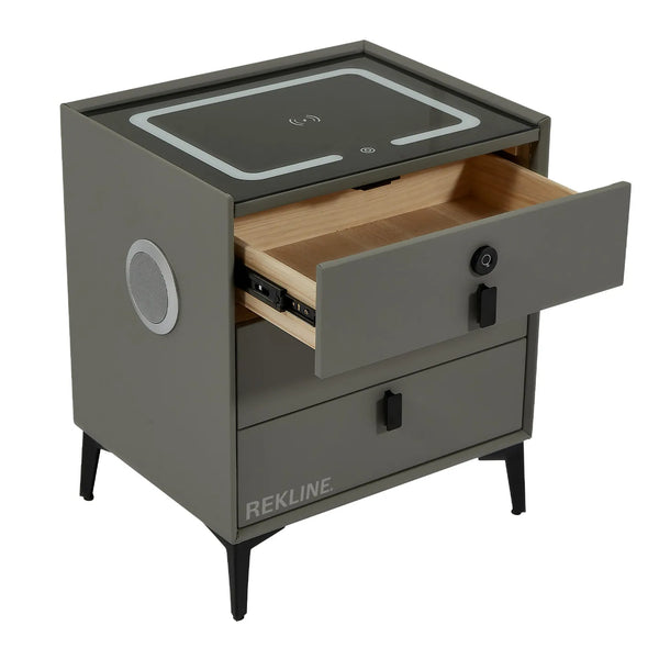 Small Grey 3 Drawer Faux Leather Bedside Table With Lights LED & Fingerprint Lock | Round Table Glass Top & Built-in Wireless Charger | Bluetooth Modern Nightstand + USBc & Speakers  | Florida
