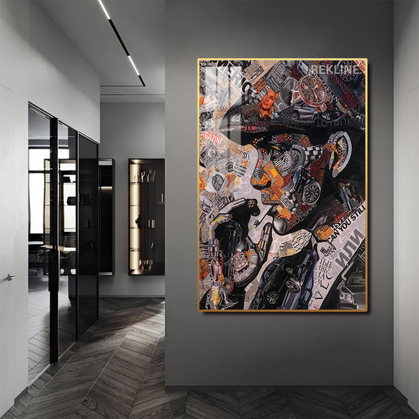 Tommy Shelby Collage LED Canvas | Vertical: Peaky Blinders Art Work 100×150 cm | LED-Illuminated Crystal-Porcelain Painting, Gold/Black Frame | By REKLINE