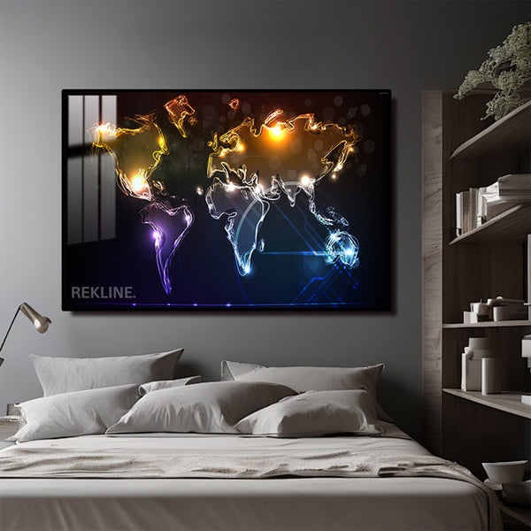 Illuminated World Map LED Canvas | Horizontal World Map Painting 100×150 cm | LED-Illuminated Crystal-Porcelain World Map Painting, Gold/Black Frame | By REKLINE